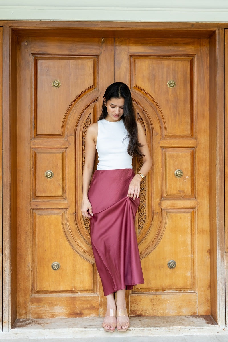 Wine Satin Skirt